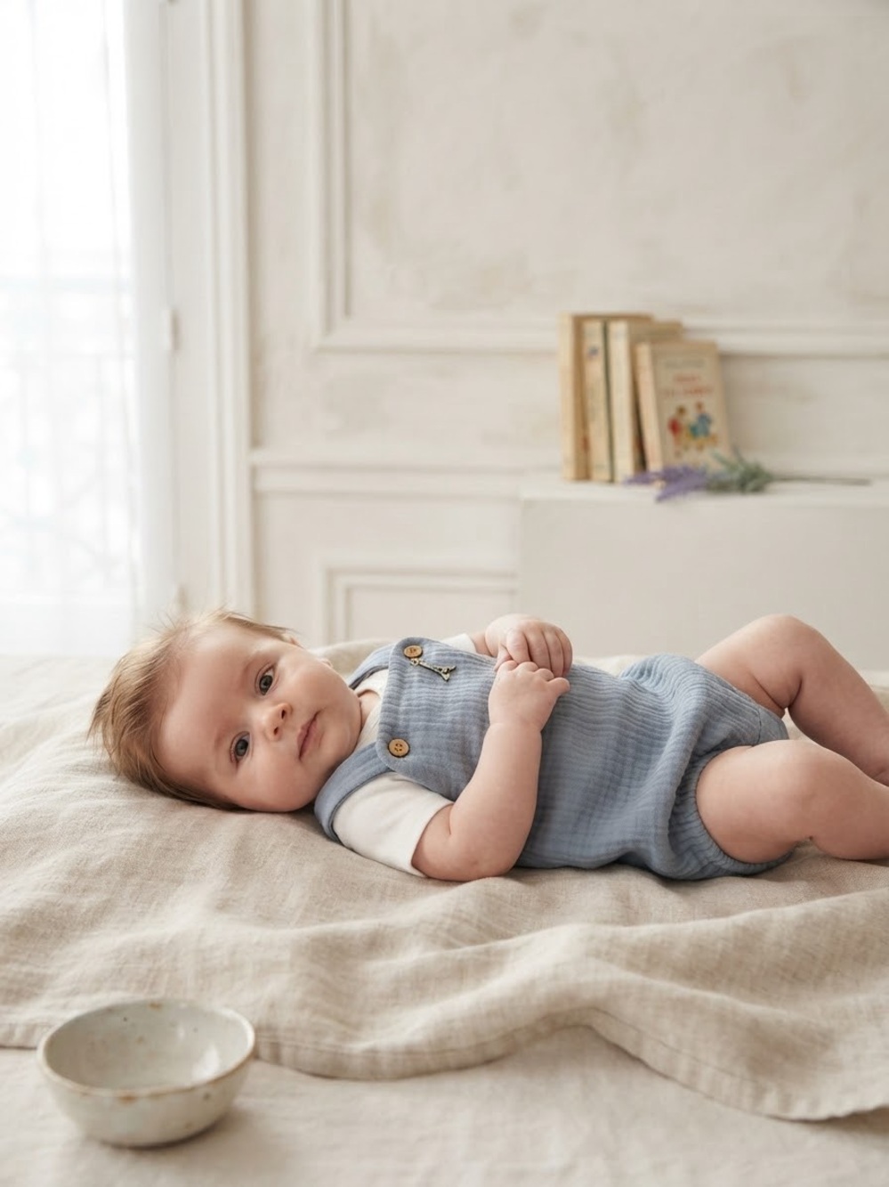 Little Planet Organic Blue Gauze Bubble Romper Overalls + Gerber White Bodysuit